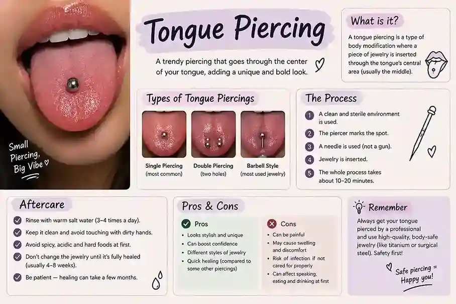 Tongue piercing types, process, aftercare, pros and cons infographic