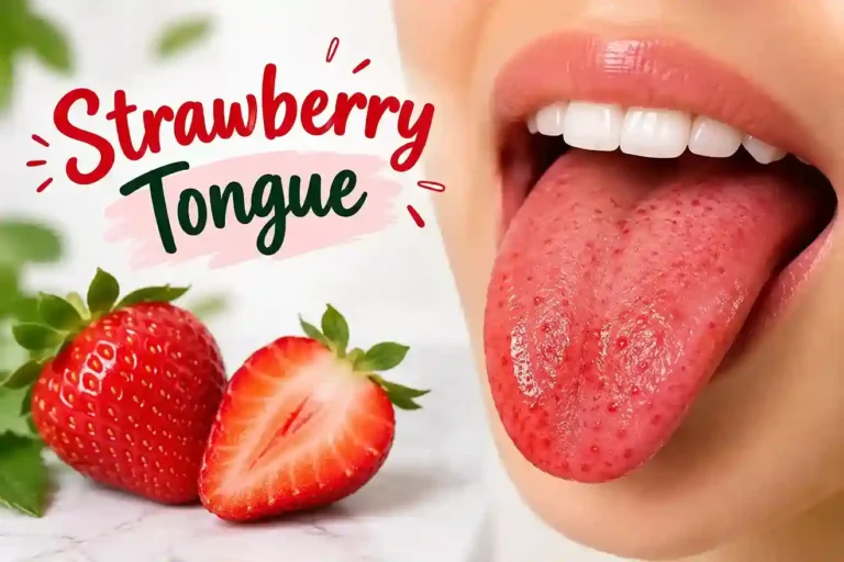 Strawberry tongue showing a red, bumpy tongue with fresh strawberries