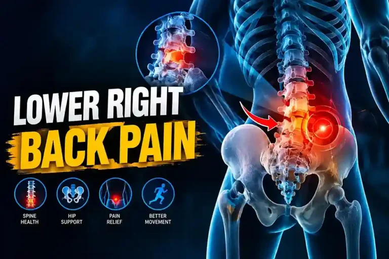 Skeleton illustration highlighting lower right back pain near the lumbar spine and pelvis.