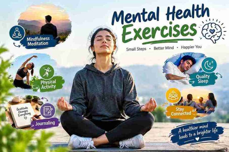Mental health exercises featuring meditation, physical activity, journaling, quality sleep, and social connection for emotional well-being.