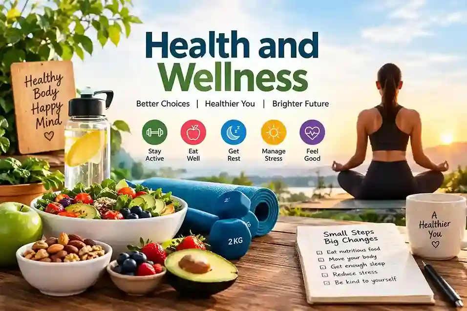 Health and wellness lifestyle with healthy food, exercise, rest, and stress management