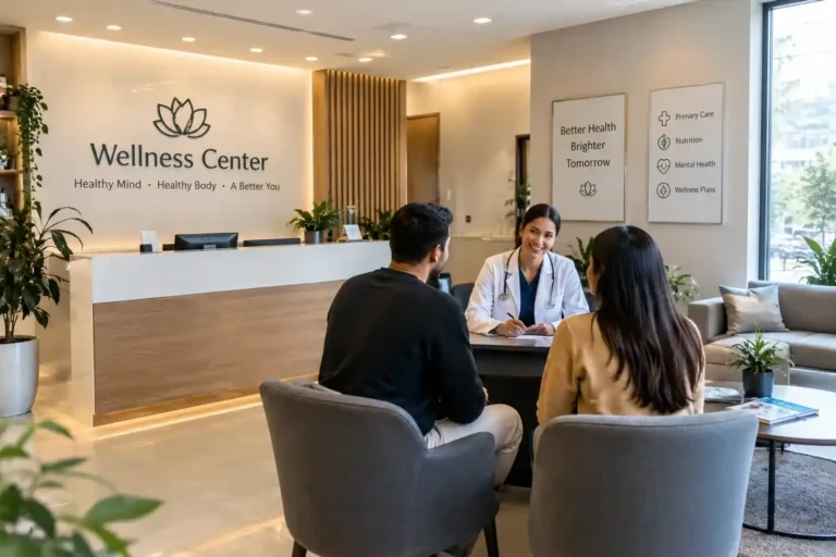 Realistic wellness center clinic with a doctor consulting two patients at the reception area.
