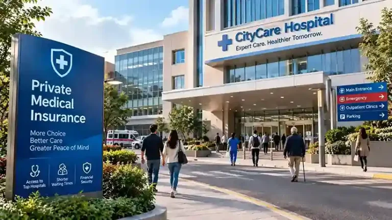 Modern hospital building with people walking nearby and a private medical insurance sign promoting healthcare coverage.