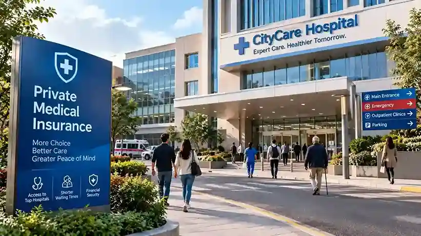 Modern hospital building with people walking nearby and a private medical insurance sign promoting healthcare coverage.