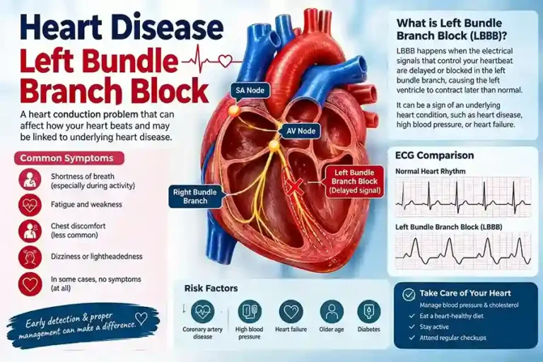 Medical illustration of left bundle branch block showing the heart's electrical conduction system and ECG patterns.