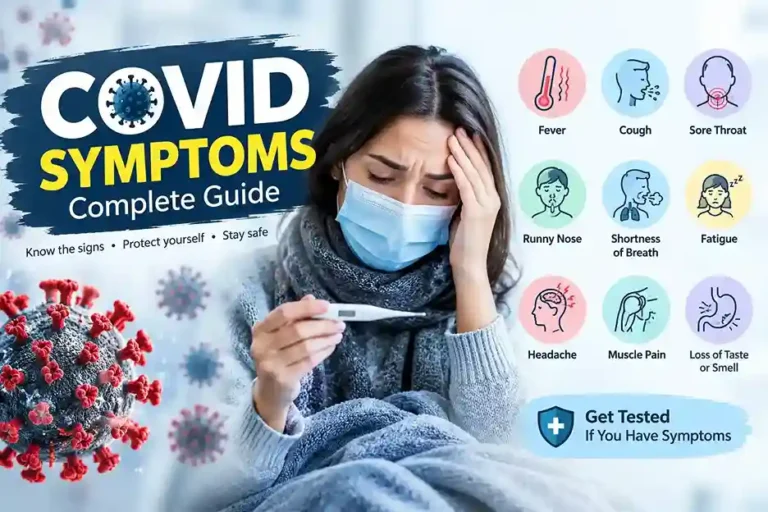 COVID symptoms infographic showing common signs including fever, cough, sore throat, fatigue, headache, and loss of taste or smell.