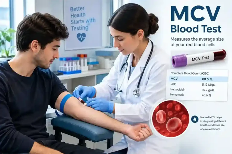 Doctor performing an MCV blood test on a patient with red blood cell illustration and CBC report.