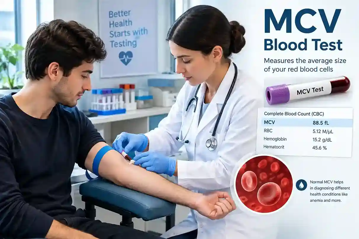 Doctor performing an MCV blood test on a patient with red blood cell illustration and CBC report.