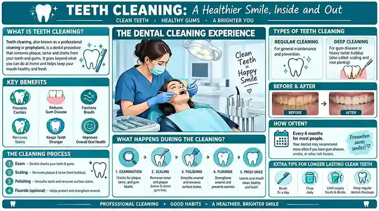Teeth cleaning infographic showing dental cleaning steps, benefits, types of cleaning, and tips for healthy teeth and gums.