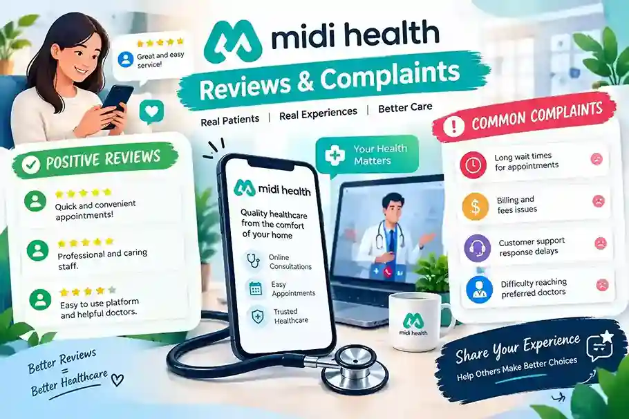 Midi Health reviews and complaints infographic showing positive patient feedback, common service concerns, and online healthcare services.