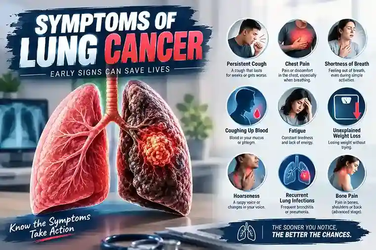 Symptoms of lung cancer infographic showing lung illustrations and warning signs including persistent cough, chest pain, shortness of breath, fatigue, and unexplained weight loss.