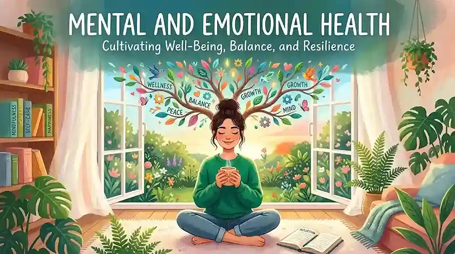 An illustration representing mental and emotional health, featuring a person meditating peacefully with a flourishing tree of balance, peace, and growth.