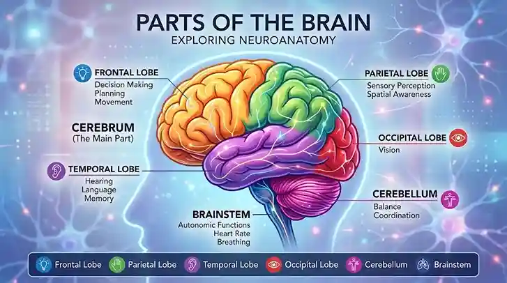 Detailed color-coded diagram illustrating the main parts of the human brain, including the frontal lobe, parietal lobe, temporal lobe, occipital lobe, cerebellum, and brainstem, with key functions labeled.