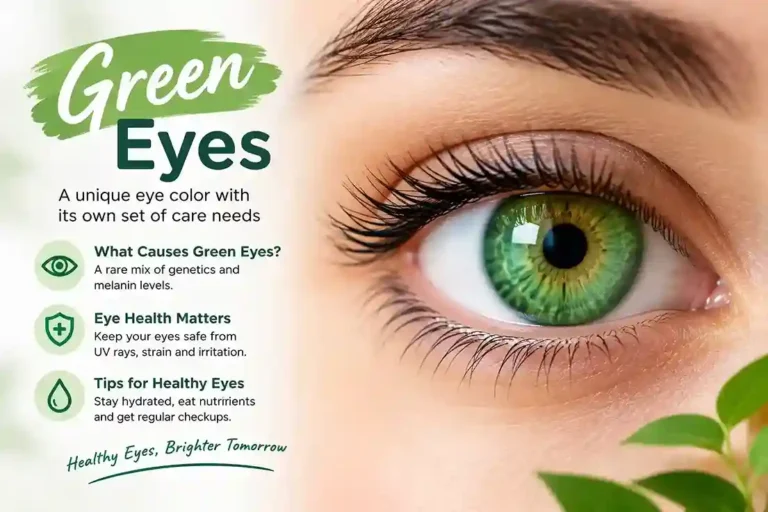 Close-up of a green eye with information about eye health, genetics, and healthy eye care tips.