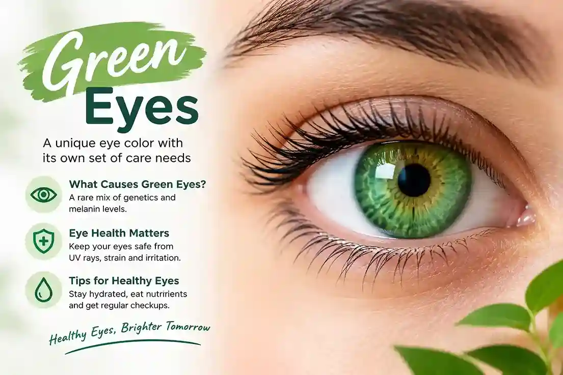 Close-up of a green eye with information about eye health, genetics, and healthy eye care tips.