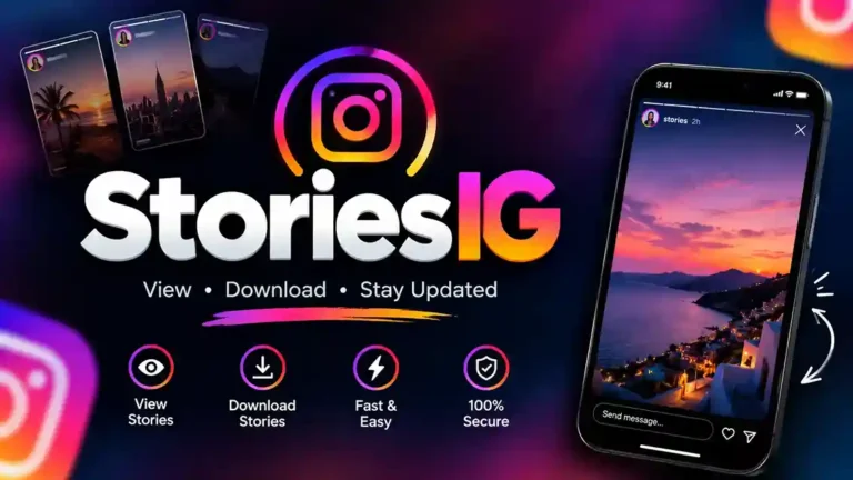 StoriesIG Instagram story viewer and downloader promotional feature image with a smartphone and colorful gradient design.