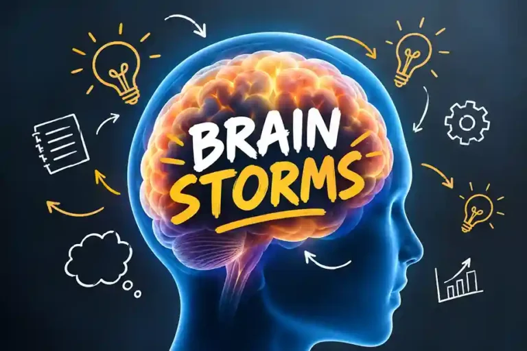 Brain storms illustration with a glowing brain inside a blue human head outline and creative idea symbols. Copy